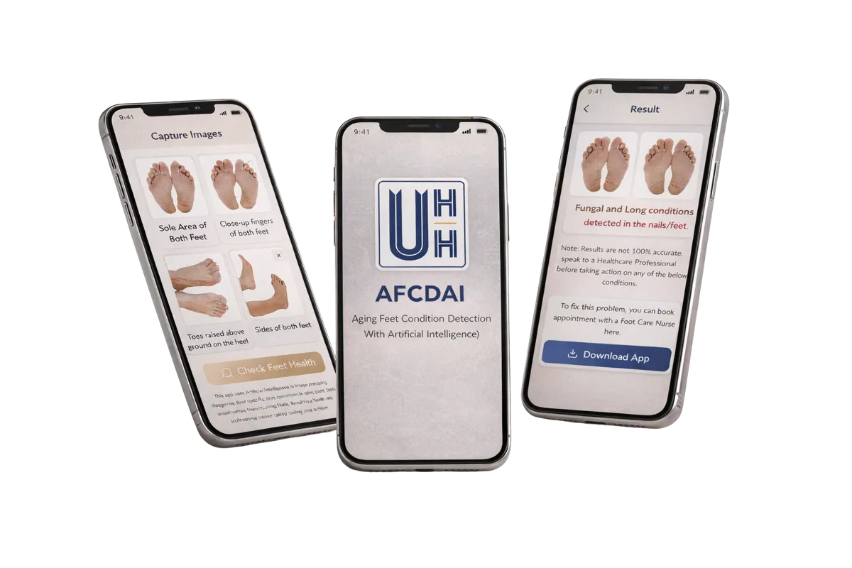 Aging Feet Condition Detection with AI shown on tablet, laptop and phone